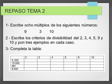 REPASO TEMA 2 1- Escribe ocho múltiplos de los siguientes números: