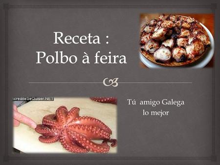 Tú amigo Galega lo mejor.   - 1 Pulpo - Sal gordo - Aceite ( un montón) - Pimentón dulce - Pimentón picante INGREDIENTES para 4 personas: