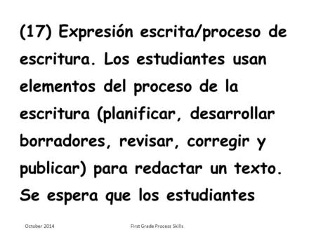 (17) Expresión escrita/proceso de escritura. Los estudiantes usan elementos del proceso de la escritura (planificar, desarrollar borradores, revisar, corregir.