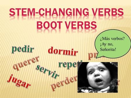 ¿Más verbos? ¡Ay no, Señorita!.  Every verb has two parts: The stem and the ending. We change the ending to say who’s doing the action.  Querer – to.