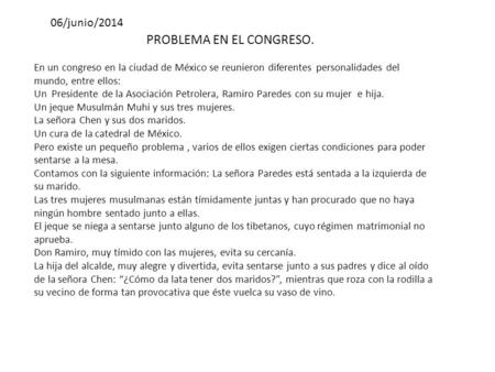PROBLEMA EN EL CONGRESO. En un congreso en la ciudad de México se reunieron diferentes personalidades del mundo, entre ellos: Un Presidente de la Asociación.