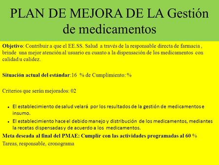 PLAN DE MEJORA DE LA Gestión de medicamentos