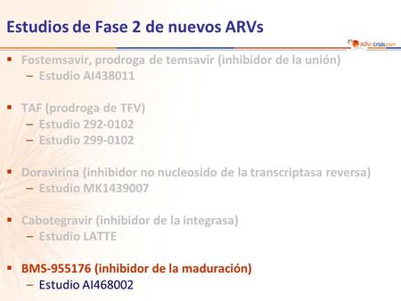 Estudios de Fase 2 de nuevos ARVs  Fostemsavir, prodroga de temsavir (inhibidor de la unión) –Estudio AI438011  TAF (prodroga de TFV) –Estudio 292-0102.