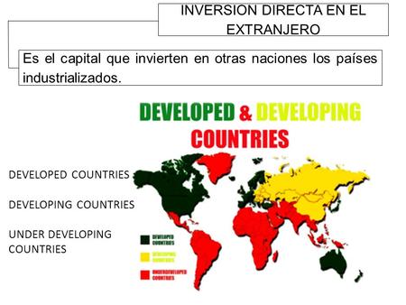 INVERSION DIRECTA EN EL EXTRANJERO Es el capital que invierten en otras naciones los países industrializados. DEVELOPED COUNTRIES DEVELOPING COUNTRIES.