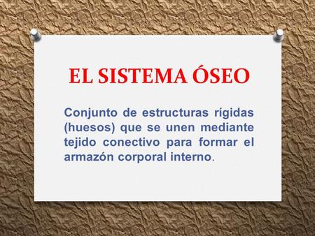 EL SISTEMA ÓSEO Conjunto de estructuras rígidas (huesos) que se unen mediante tejido conectivo para formar el armazón corporal interno.