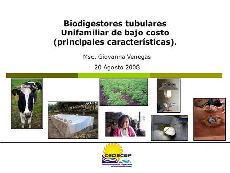 Cajamarca 13 marzo 08 Biodigestores tubulares Unifamiliar de bajo costo (principales características). Msc. Giovanna Venegas 20 Agosto 2008.