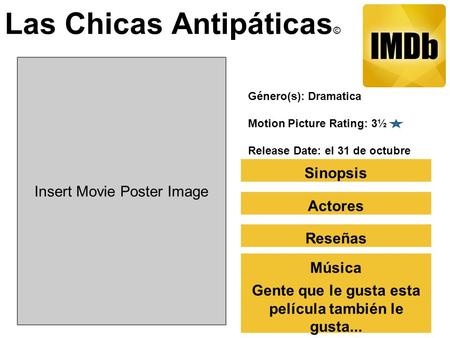 Las Chicas Antipáticas © Sinopsis Insert Movie Poster Image Actores Reseñas Gente que le gusta esta película también le gusta... Género(s): Dramatica Motion.