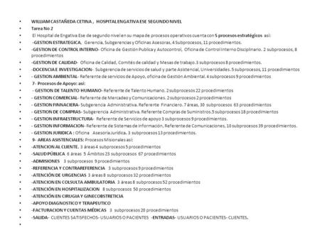 WILLIAM CASTAÑEDA CETINA, HOSPITAL ENGATIVA ESE SEGUNDO NIVEL Tarea No 2 El Hospital de Engativa Ese de segundo nivel en su mapa de procesos operativos.
