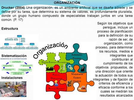 ORGANIZACIÓN Drucker (2004) Una organización, es un ambiente artificial que se diseña adrede y se define por su tarea, que determina su sistema de valores,