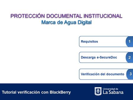 Tutorial verificación con BlackBerry Requisitos 1 Descarga e-SecureDoc 2 Verificación del documento 3 PROTECCIÓN DOCUMENTAL INSTITUCIONAL Marca de Agua.