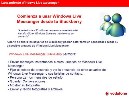 Acciones Semanales Distribución Acreditada 15 de noviembre de 2007 Lanzamiento Windows Live Messenger Comienza a usar Windows Live Messenger desde tu Blackberry.