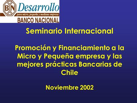 Seminario Internacional Promoción y Financiamiento a la Micro y Pequeña empresa y las mejores prácticas Bancarias de Chile Noviembre 2002.