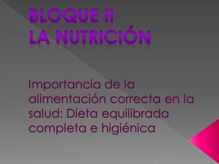 Bloque ii La Nutrición Importancia de la alimentación correcta en la salud: Dieta equilibrada completa e higiénica.