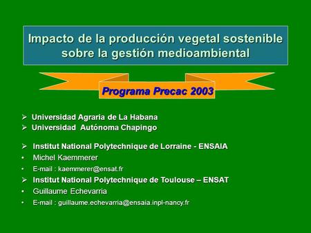 Programa Precac 2003 Universidad Agraria de La Habana