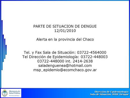 PARTE DE SITUACION DE DENGUE 12/01/2010 Alerta en la provincia del Chaco Tel. y Fax Sala de Situación: 03722-4564000 Tel Dirección de Epidemiología: 03722-448003.