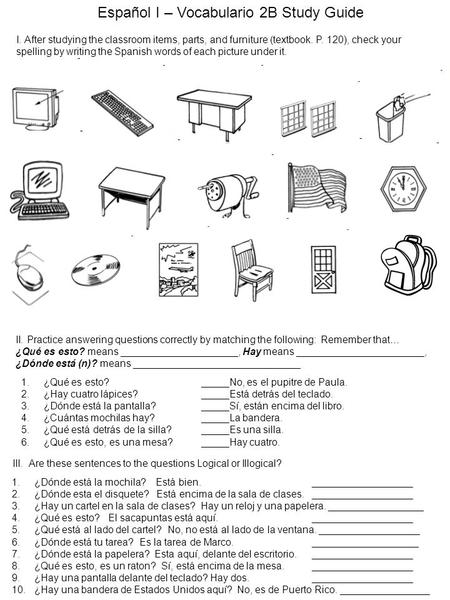 Español I – Vocabulario 2B Study Guide