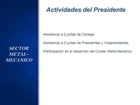 Asistencia a 2 juntas de Consejo Asistencia a 2 juntas de Presidentes y Vicepresidentes Participación en el desarrollo del Cluster Metal-Mecánico Actividades.