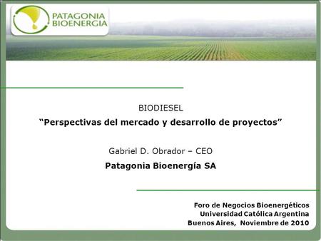 BIODIESEL “Perspectivas del mercado y desarrollo de proyectos” Gabriel D. Obrador – CEO Patagonia Bioenergía SA Foro de Negocios Bioenergéticos Universidad.