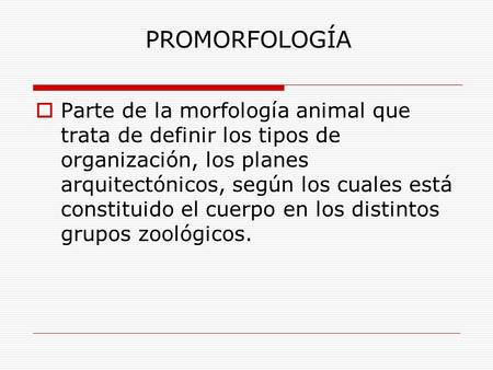 PROMORFOLOGÍA Parte de la morfología animal que trata de definir los tipos de organización, los planes arquitectónicos, según los cuales está constituido.