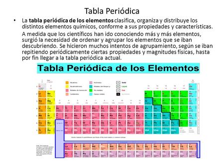 Tabla Periódica La tabla periódica de los elementos clasifica, organiza y distribuye los distintos elementos químicos, conforme a sus propiedades y características.