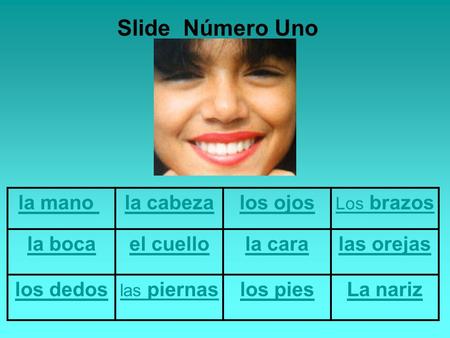 La mano la cabezalos ojos Los brazos la bocael cuellola caralas orejas los dedos las piernaslos piesLa nariz Slide Número Uno.