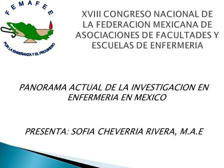 XVIII CONGRESO NACIONAL DE LA FEDERACION MEXICANA DE ASOCIACIONES DE FACULTADES Y ESCUELAS DE ENFERMERIA PANORAMA ACTUAL DE LA INVESTIGACION EN ENFERMERIA.