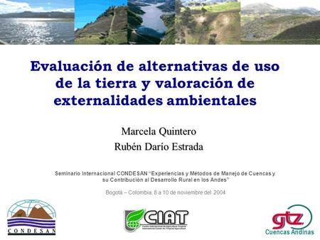 Evaluación de alternativas de uso de la tierra y valoración de externalidades ambientales Marcela Quintero Rubén Darío Estrada Cuencas Andinas Seminario.