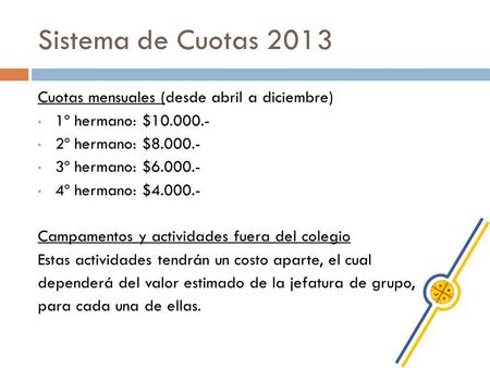 Sistema de Cuotas 2013 Cuotas mensuales (desde abril a diciembre) 1º hermano: $10.000.- 2º hermano: $8.000.- 3º hermano: $6.000.- 4º hermano: $4.000.-