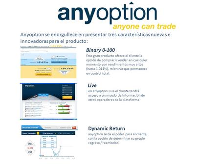 Anyoption se enorgullece en presentar tres características nuevas e innovadoras para el producto: Binary 0-100 Esta gran producto ofrece al cliente la.