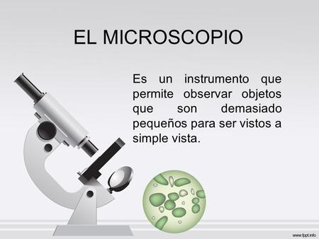 EL MICROSCOPIO Es un instrumento que permite observar objetos que son demasiado pequeños para ser vistos a simple vista.