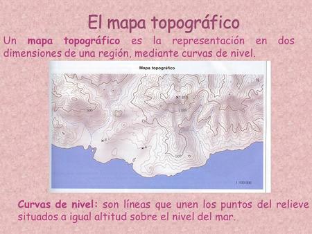 El mapa topográfico Un mapa topográfico es la representación en dos dimensiones de una región, mediante curvas de nivel. Curvas de nivel: son líneas que.