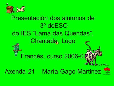Presentación dos alumnos de 3º deESO do IES “Lama das Quendas”, Chantada, Lugo Francés, curso 2006-07 Axenda 21 María Gago Martinez.