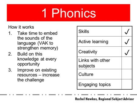 1 Phonics How it works 1.Take time to embed the sounds of the language (VAK to strengthen memory) 2.Build on this knowledge at every opportunity 3.Improve.