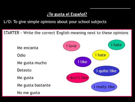 ___________________ ¿Te gusta el Español? L/O: To give simple opinions about your school subjects STARTER – Write the correct English meaning next to these.