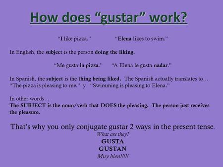 How does “gustar” work? “I like pizza.” “Elena likes to swim.”