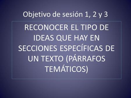 Objetivo de sesión 1, 2 y 3 RECONOCER EL TIPO DE IDEAS QUE HAY EN SECCIONES ESPECÍFICAS DE UN TEXTO (PÁRRAFOS TEMÁTICOS)