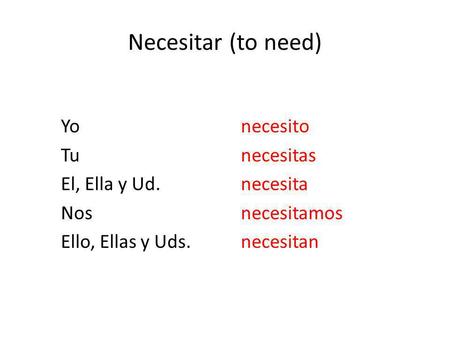 Necesitar (to need) Yo necesito Tu necesitas El, Ella y Ud. necesita