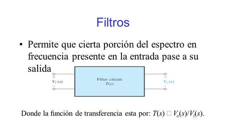 Filtros Permite que cierta porción del espectro en frecuencia presente en la entrada pase a su salida. Donde la función de transferencia esta por: T(s)
