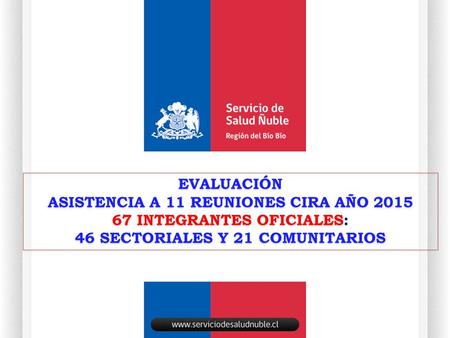 EVALUACIÓN ASISTENCIA A 11 REUNIONES CIRA AÑO 2015 67 INTEGRANTES OFICIALES: 46 SECTORIALES Y 21 COMUNITARIOS EVALUACIÓN ASISTENCIA A 11 REUNIONES CIRA.