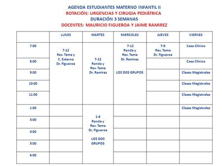 AGENDA ESTUDIANTES MATERNO INFANTIL II ROTACIÓN: URGENCIAS Y CIRUGIA PEDIÁTRICA DURACIÓN 3 SEMANAS DOCENTES: MAURICIO FIGUEROA Y JAIME RAMIREZ LUNESMARTESMIERCOLESJUEVESVIERNES.