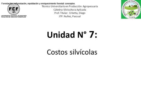 Técnico Universitario en Producción Agropecuaria Cátedra: Silvicultura Aplicada Prof. Titular: Erbetta, Diego JTP: Nuñez, Pascual Forestación, reforestación,