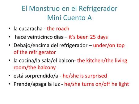 El Monstruo en el Refrigerador Mini Cuento A la cucaracha - the roach hace veinticinco días – it’s been 25 days Debajo/encima del refrigerador – under/on.