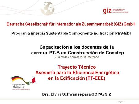 Página 1 Deutsche Gesellschaft für Internationale Zusammenarbeit (GIZ) GmbH Programa Energía Sustentable Componente Edificación PES-EDI Capacitación a.