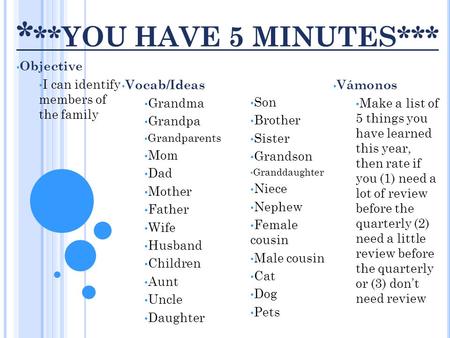 * **YOU HAVE 5 MINUTES*** Objective I can identify members of the family Vocab/Ideas Grandma Grandpa Grandparents Mom Dad Mother Father Wife Husband Children.