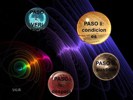 PASO I: VERI FICA R DATO S PASO Ii: condicion es PASO Iii: sustituir PASO iv: despeja r SALIR.