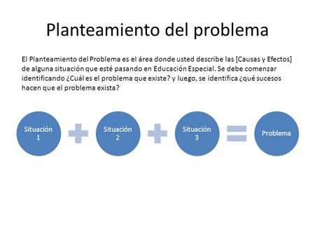 Planteamiento del problema Situación 1 Situación 2 Situación 3 Problema El Planteamiento del Problema es el área donde usted describe las [Causas y Efectos]
