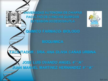 UNIVERSIDAD AUTONOMA DE CHIAPAS FACULTAD DE CIANCIAS QUIMICAS EXTENSIÓN OCOZOCOAUTLA QUIMICO FARMACO- BIOLOGO BIOQUIMICA FACILITADOR : DRA. ANA OLIVIA.