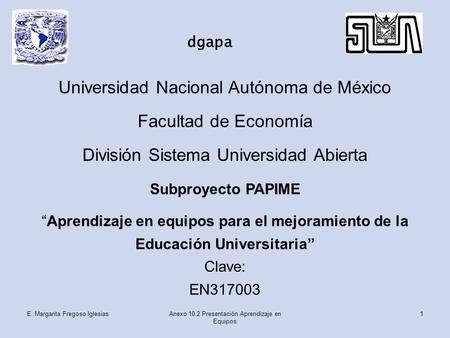E. Margarita Fregoso IglesiasAnexo 10.2 Presentación Aprendizaje en Equipos 1 Universidad Nacional Autónoma de México Facultad de Economía División Sistema.