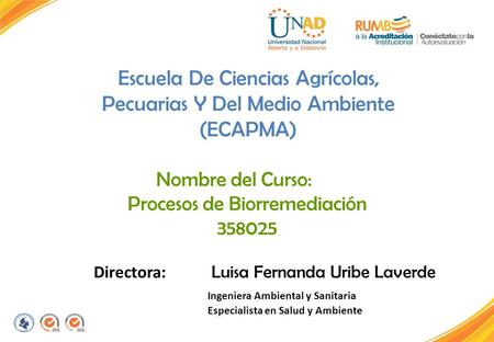 Escuela De Ciencias Agrícolas, Pecuarias Y Del Medio Ambiente (ECAPMA) Nombre del Curso: Procesos de Biorremediación 358025 Directora: Luisa Fernanda Uribe.