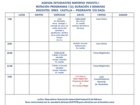 AGENDA ESTUDIANTES MATERNO INFANTIL I ROTACIÓN PROGRAMAS l (1): DURACIÓN 3 SEMANAS DOCENTES: DRES: CASTILLA – PIEDRAHITA Y/O DAZA LUNESMARTESMIÉRCOLESJUEVESVIERNESSABADO.